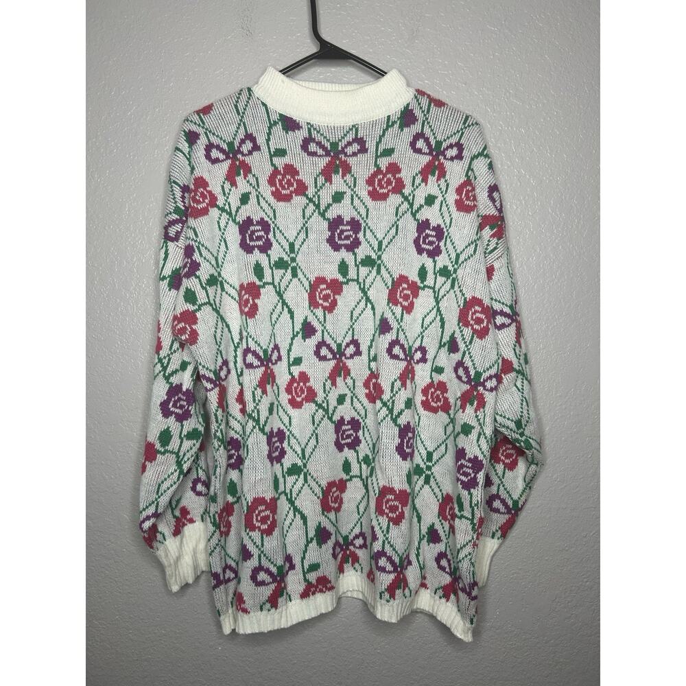 Vintage 90s Red Purple Flowers Bow Long Sleeve Grandmacore Sweater Size Large‎